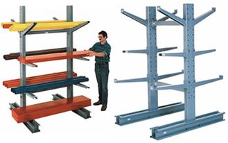series 1000 medium duty cantilever rack single sided uprights and series 1000 medium duty cantilever rack double sided being used by a worker